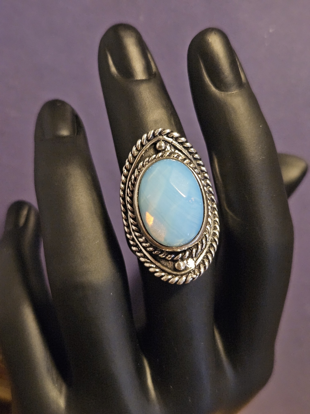Large Sterling Silver And Opalite Ring Vintage Sz 8.5